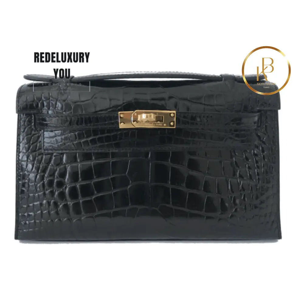 Mini Kelly Pochette Black Shiny Alligator Gold Hardware