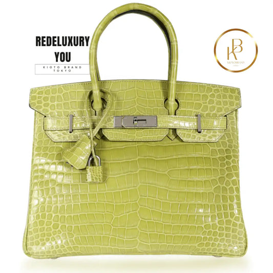 Birkin 30 Shiny Vert Anis Porosus Crocodile Phw