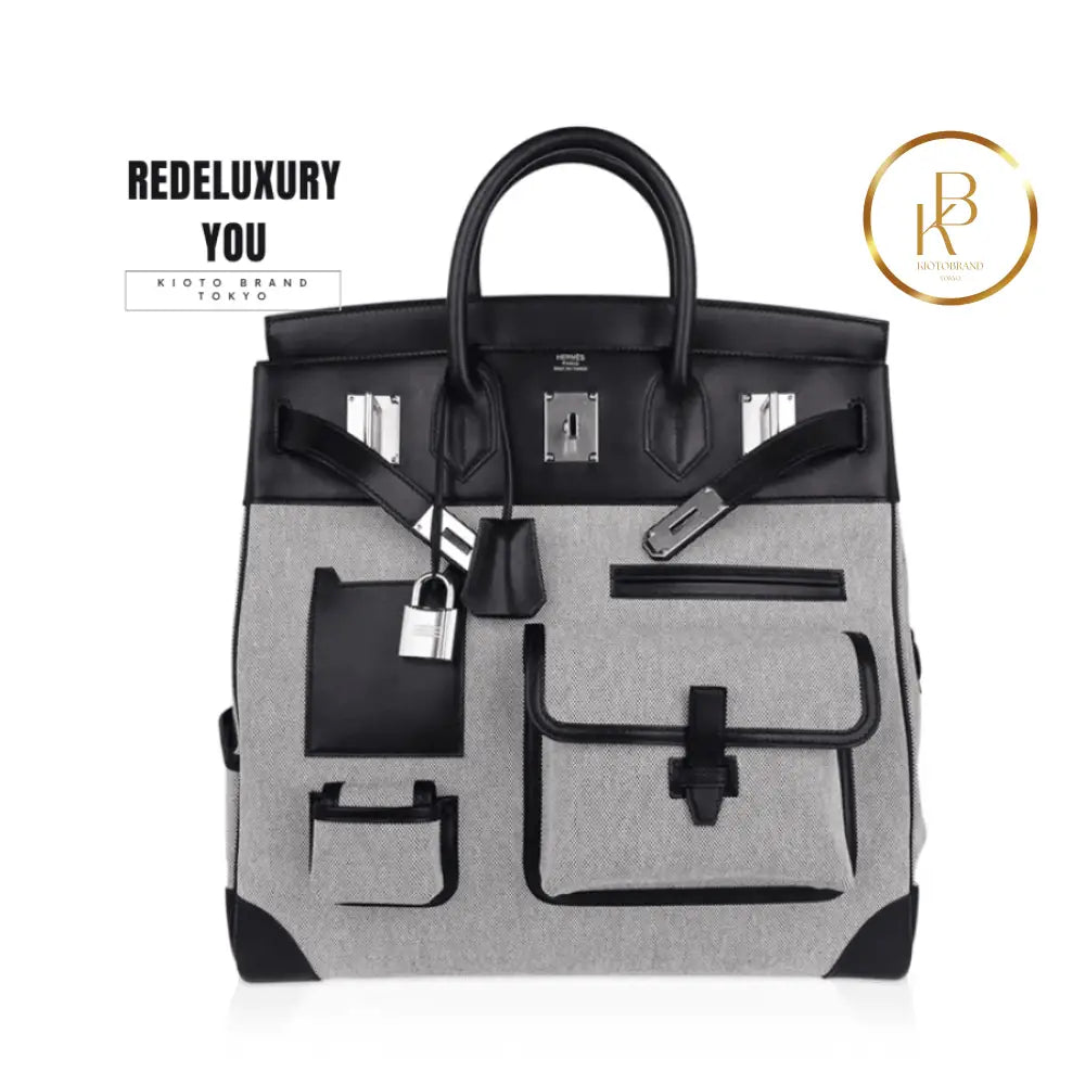Birkin 40 Cargo Hac Black Evercalf Leather/Toile H Ecru Noir