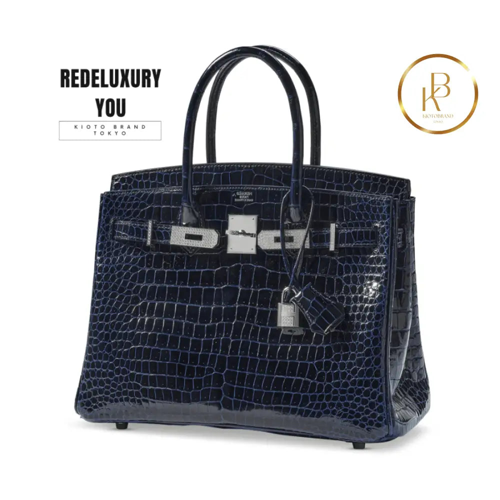 Birkin 30 Shiny Bleu Marine Porosus Croc 18K White Gold & Diamond Hardwar