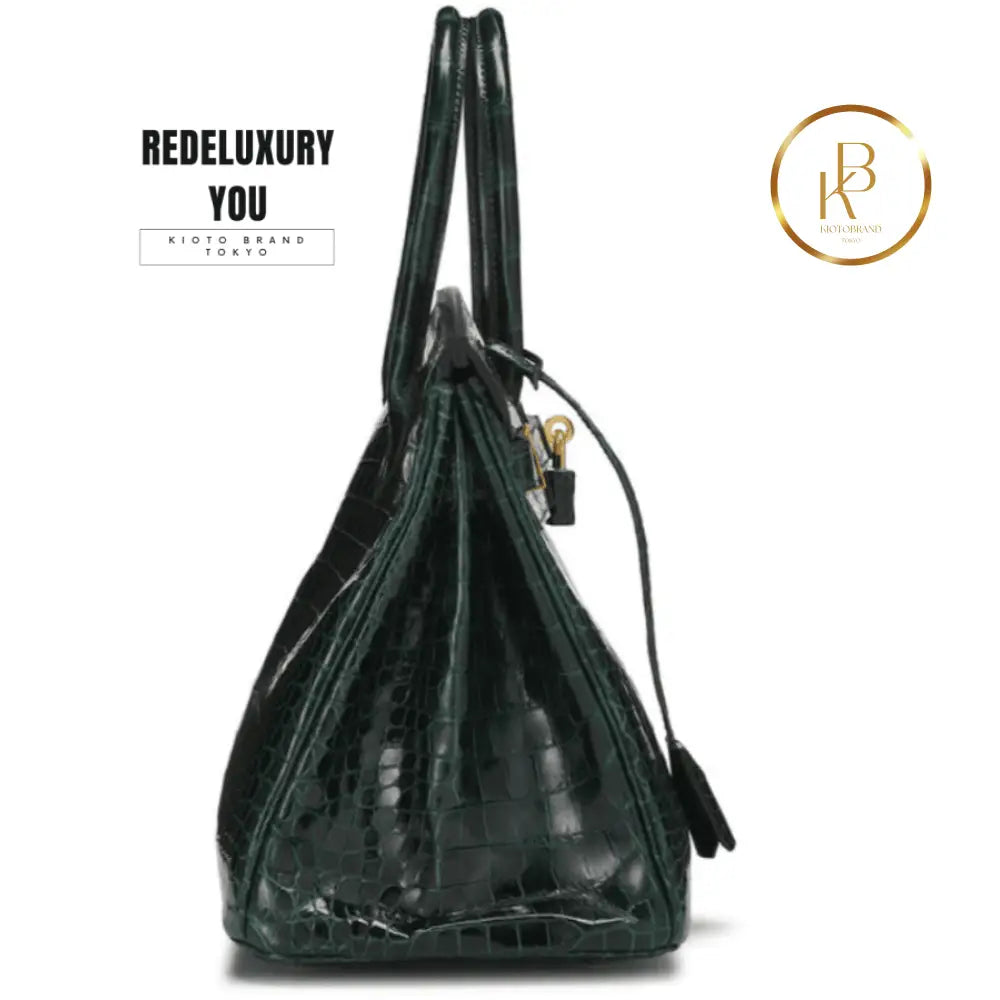 Birkin 30 Vert Fonce Crocodile Porosus Lisse Bag
