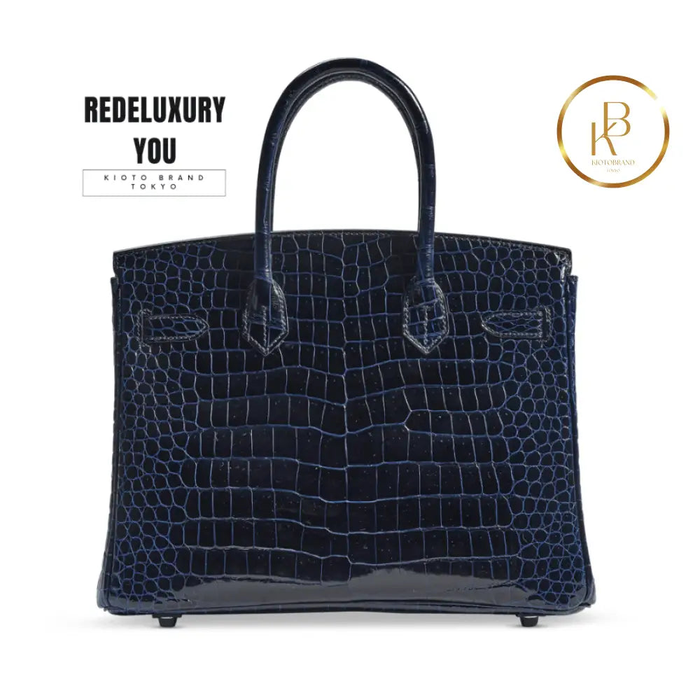 Birkin 30 Shiny Bleu Marine Porosus Croc 18K White Gold & Diamond Hardwar
