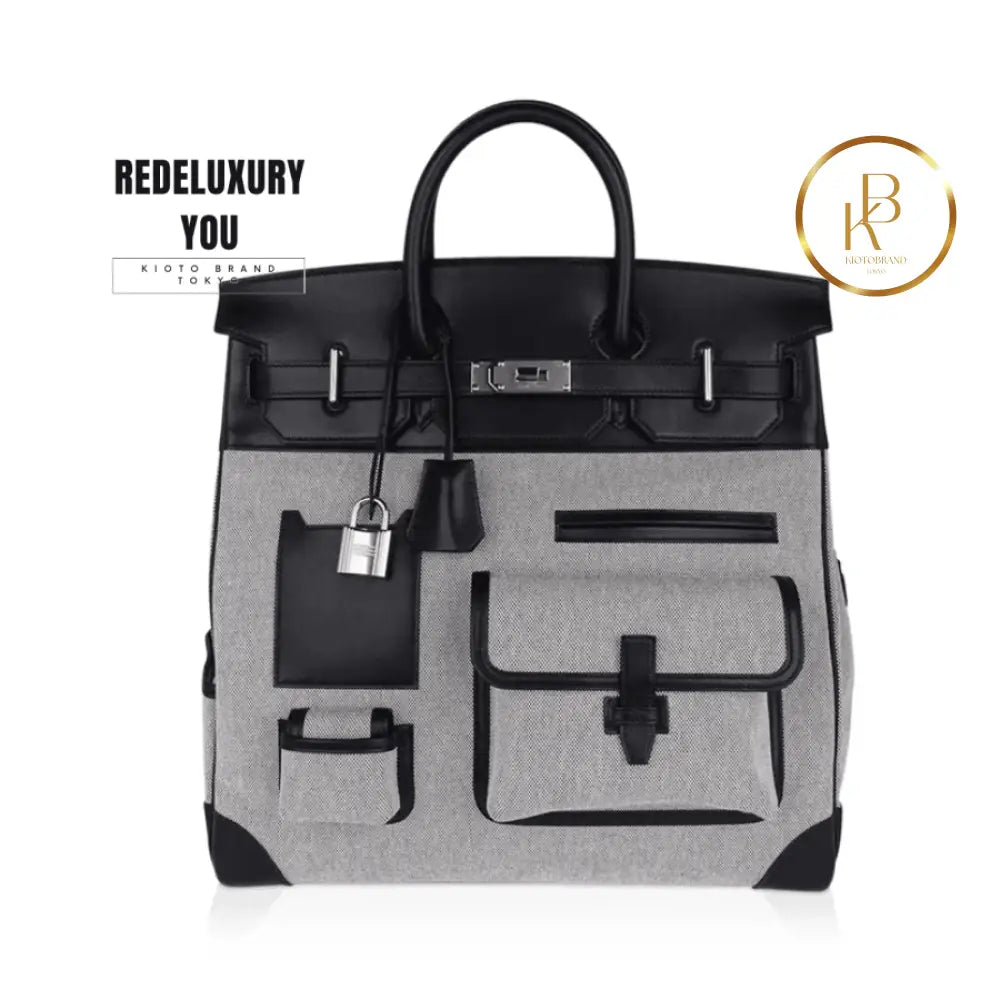 Birkin 40 Cargo Hac Black Evercalf Leather/Toile H Ecru Noir