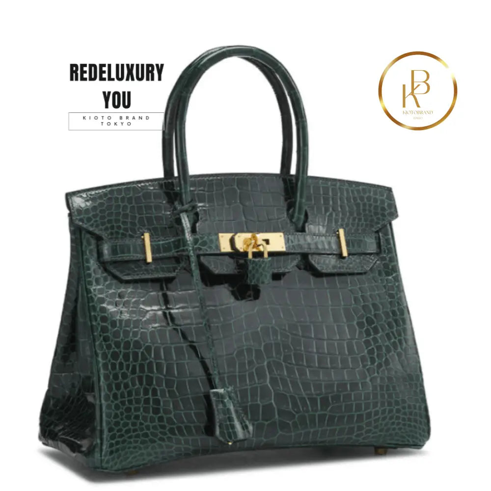 Birkin 30 Vert Fonce Crocodile Porosus Lisse Bag