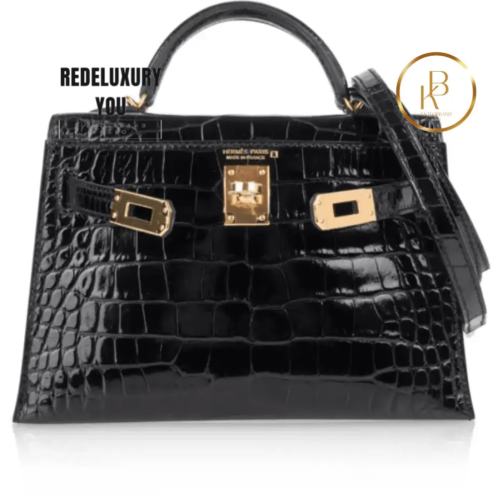 Kelly 20 Mini Sellier Black Alligator Gold Hardware
