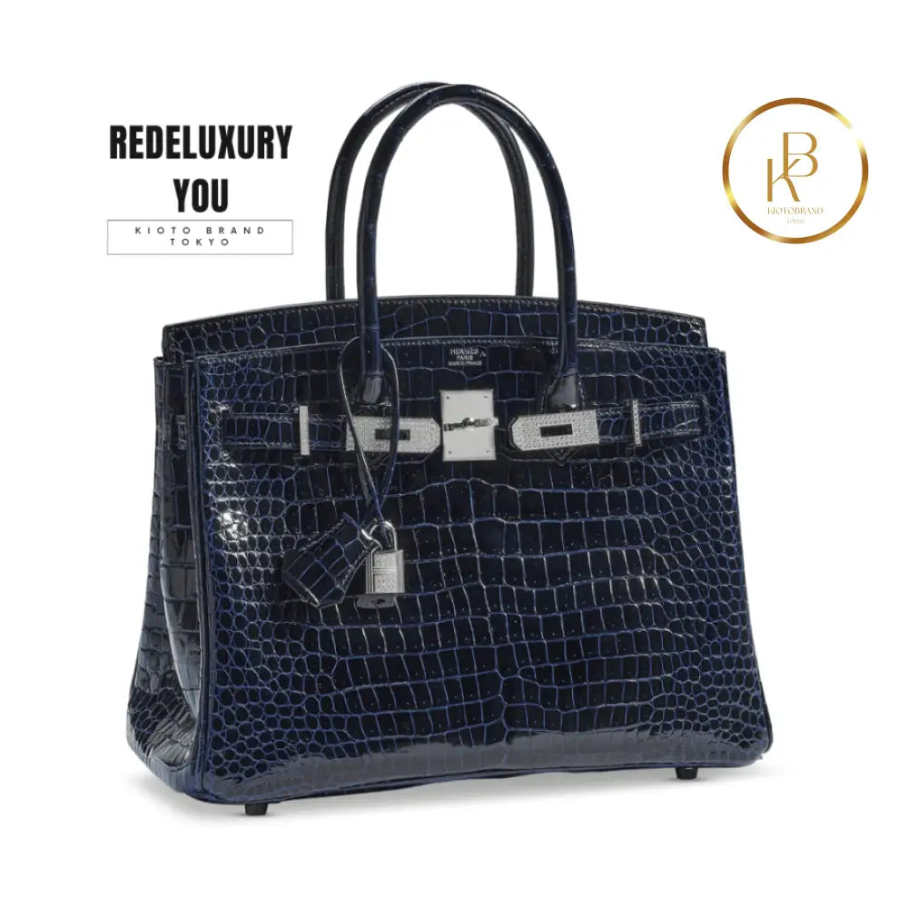 Birkin 30 Shiny Bleu Marine Porosus Croc 18K White Gold & Diamond Hardwar