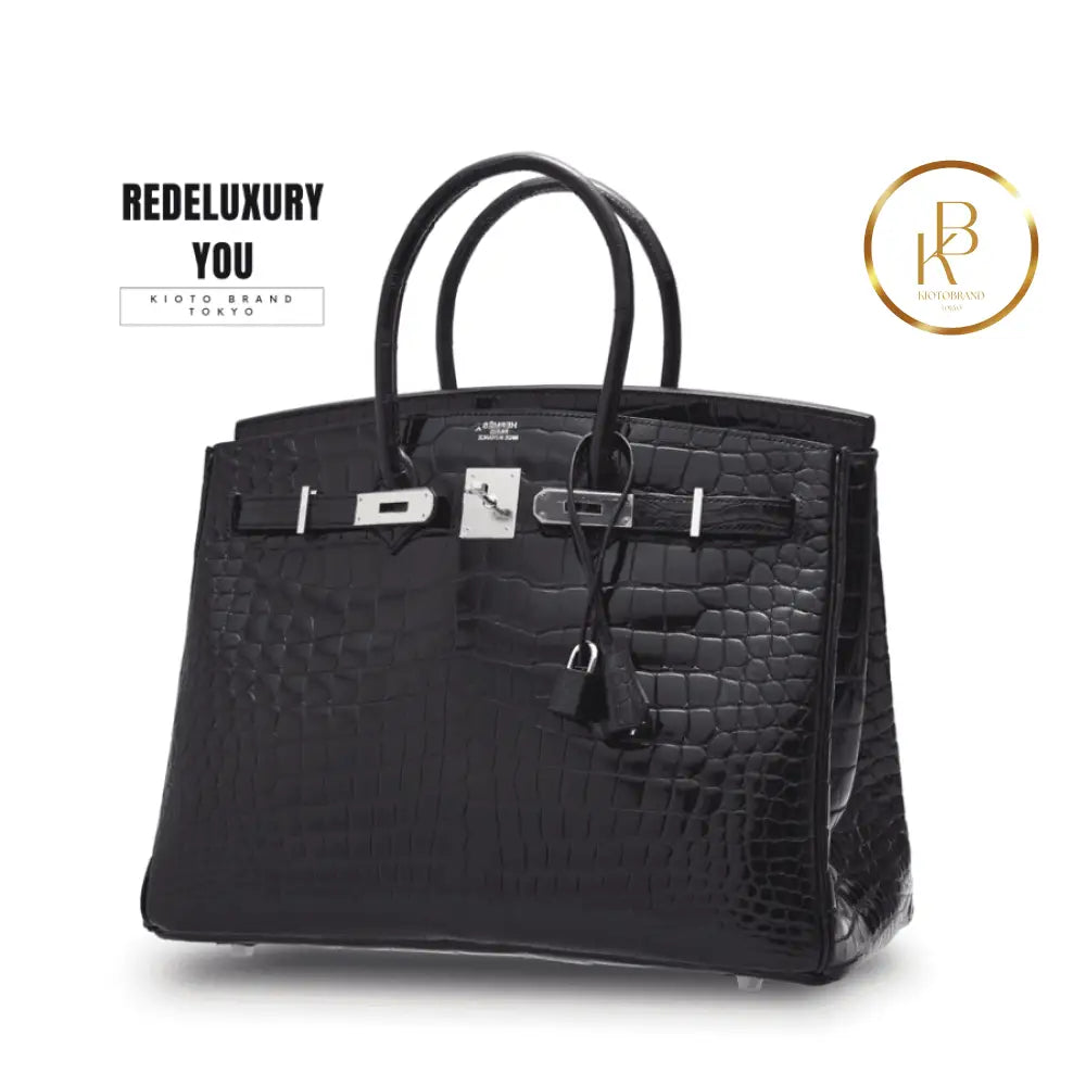 Birkin 35 Shiny Black Porosus Croc