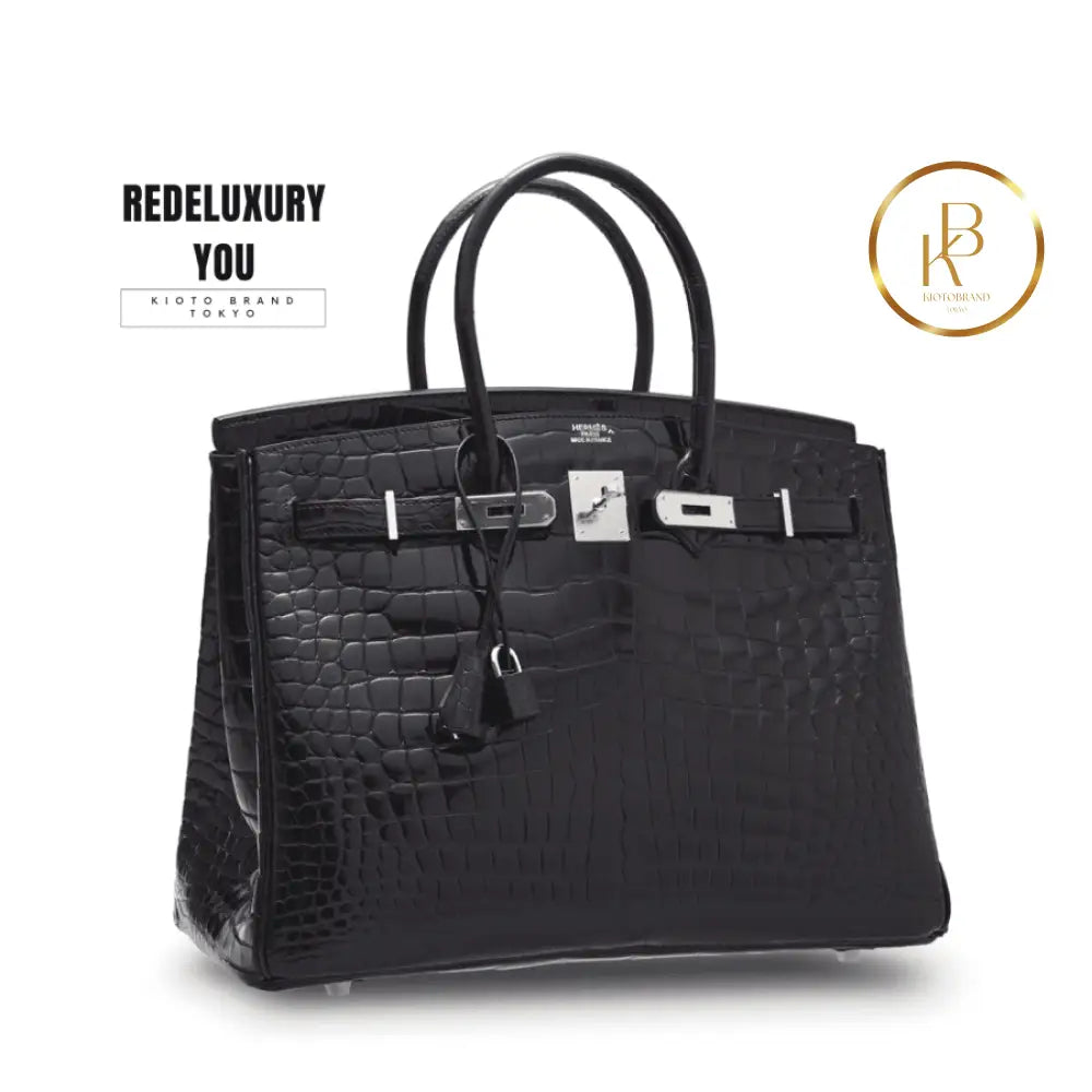 Birkin 35 Shiny Black Porosus Croc