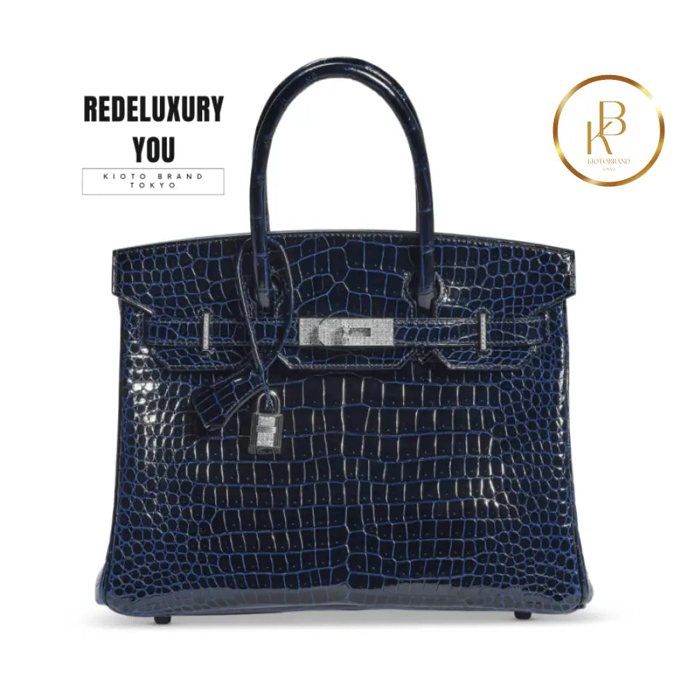 Birkin 30 Shiny Bleu Marine Porosus Croc 18K White Gold & Diamond Hardwar