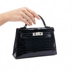 Kelly 20 Mini II Shiny Black Porosus Croco 18K White Gold Diamond Hardware