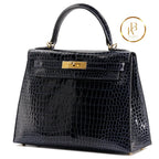 Kelly 28 Sellier Porosus Croc Bleu Baltique Handbags