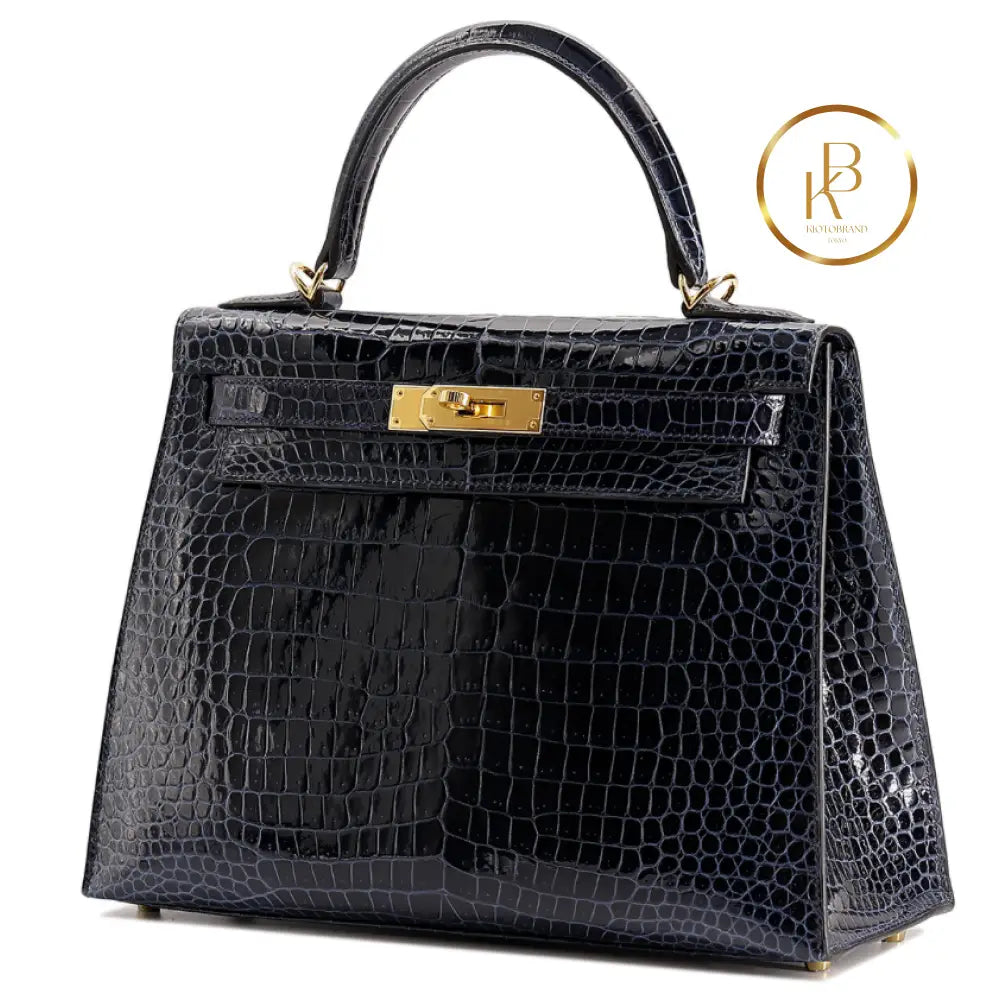 Kelly 28 Sellier Porosus Croc Bleu Baltique Handbags