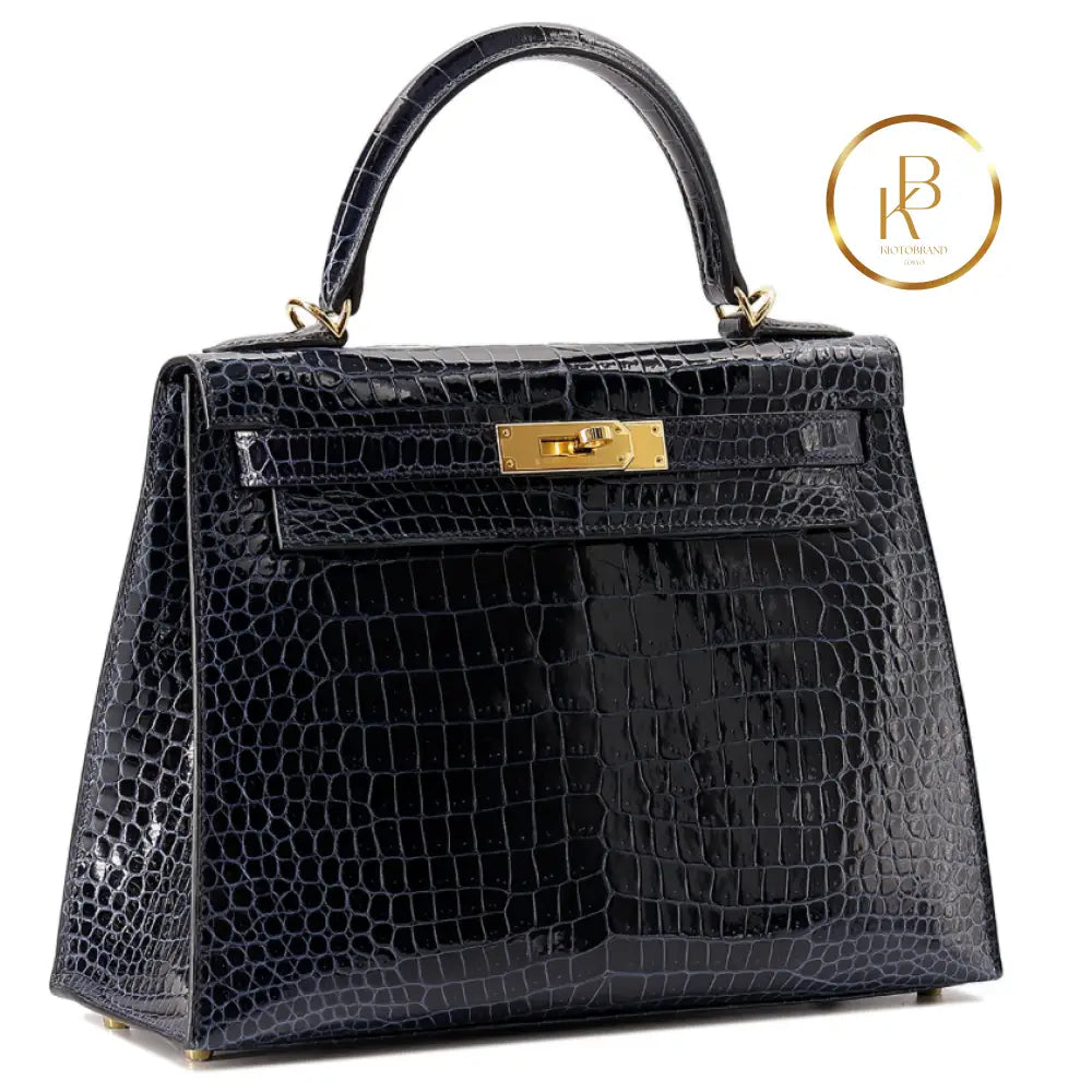 Kelly 28 Sellier Porosus Croc Bleu Baltique Handbags