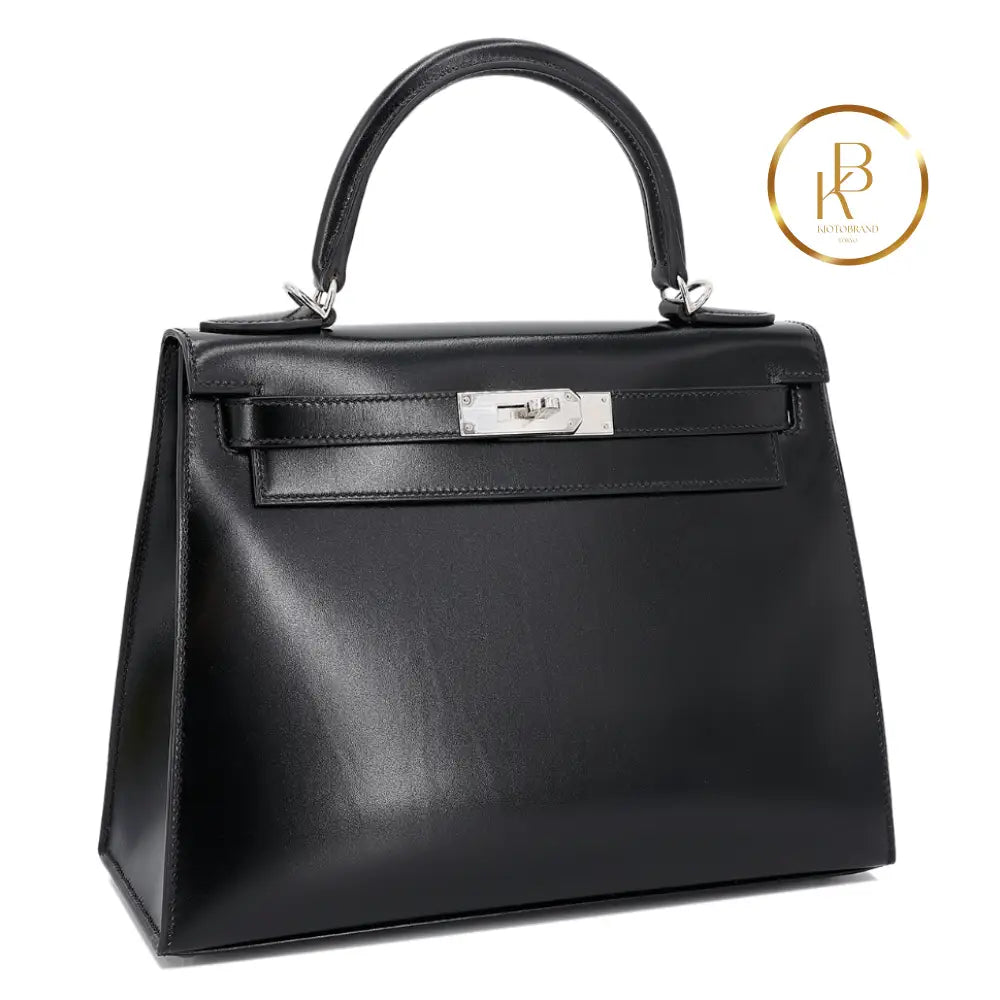 Kelly 28 Sellier Black Box Calfskin Handbags