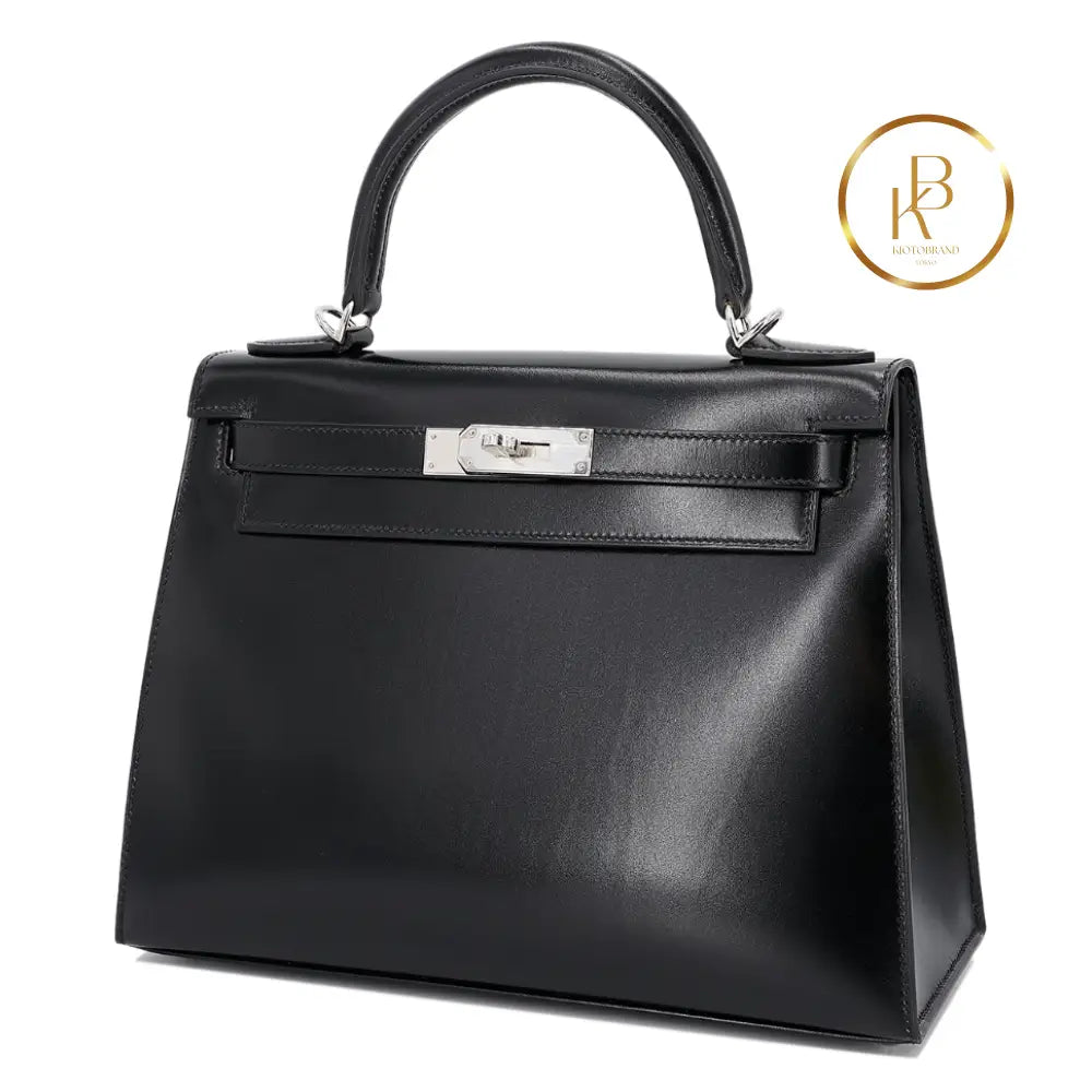 Kelly 28 Sellier Black Box Calfskin Handbags