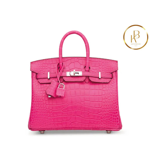 Birkin 25 Matte Rose Shocking Alligator Palladium Handbags