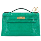 Kelly Pochette Vert Jade Alligator Ghw Handbags