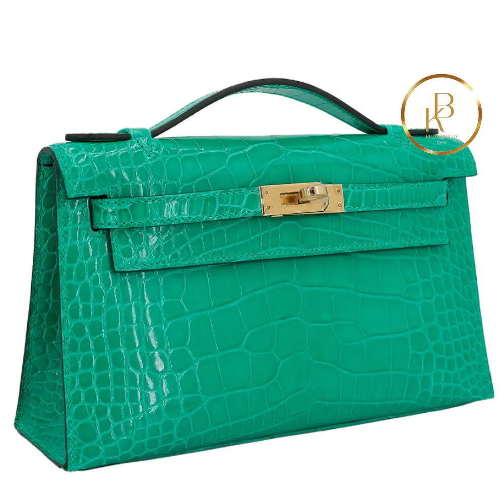 Kelly Pochette Vert Jade Alligator Ghw Handbags