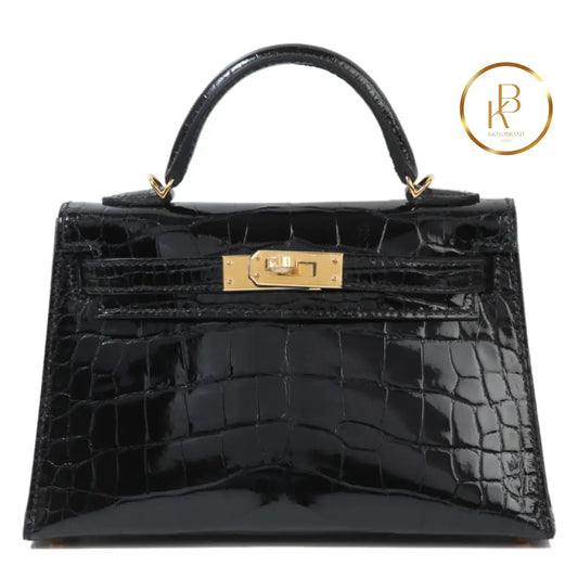 Kelly 20 Mini Black Shiny Alligator Ghw Handbags