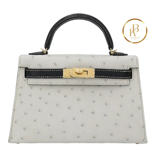 Kelly 20 Mini Ii Special Order Ostrich Pearl Gray & Black Ghw Handbags