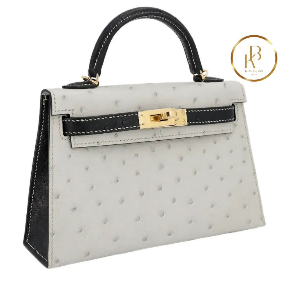 Kelly 20 Mini Ii Special Order Ostrich Pearl Gray & Black Ghw Handbags