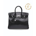 Birkin 25 Shiny Black Porosus Croc 18K White Gold & Diamond Hardware Handbags