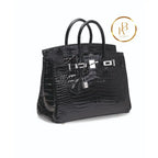Birkin 25 Shiny Black Porosus Croc 18K White Gold & Diamond Hardware Handbags