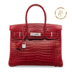 Birkin 30 Rouge Shiny Porosus Croc 18K White Gold Diamond Hardware Handbags