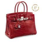 Birkin 30 Rouge Shiny Porosus Croc 18K White Gold Diamond Hardware Handbags