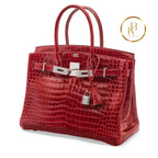 Birkin 30 Rouge Shiny Porosus Croc 18K White Gold Diamond Hardware Handbags