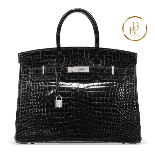 Birkin 35 Black Shiny Porosus Croc 18K White Gold Diamond Hardware Handbags