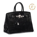Birkin 35 Black Shiny Porosus Croc 18K White Gold Diamond Hardware Handbags