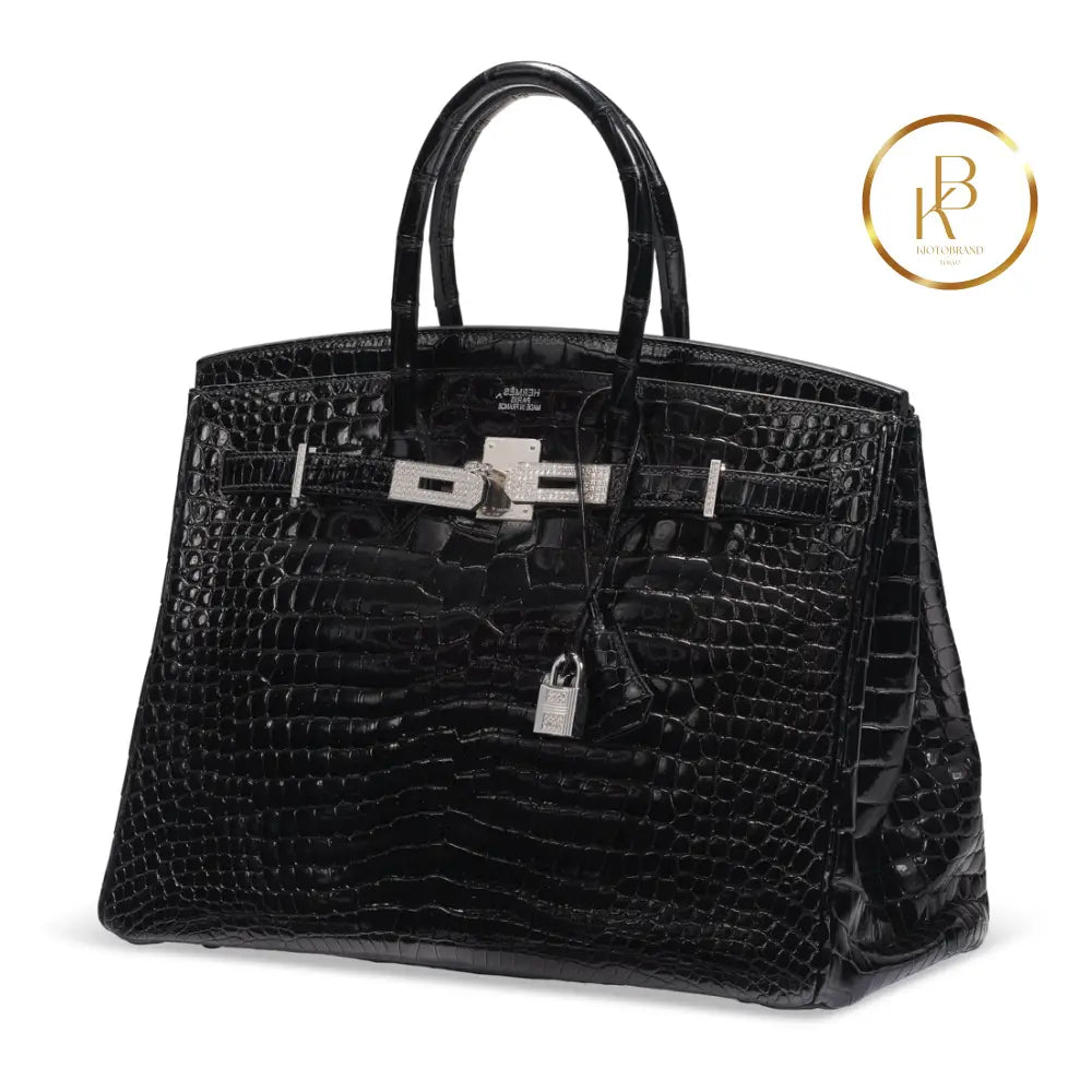 Birkin 35 Black Shiny Porosus Croc 18K White Gold Diamond Hardware Handbags