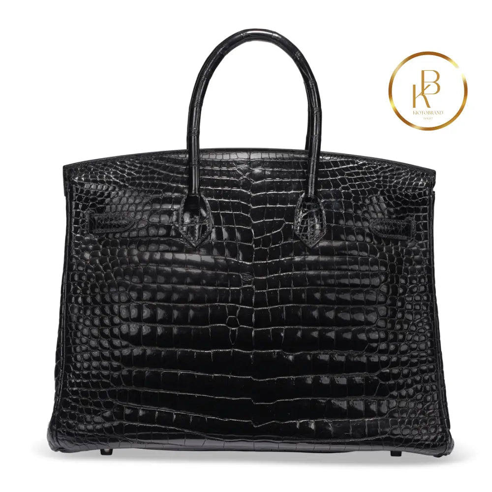 Birkin 35 Black Shiny Porosus Croc 18K White Gold Diamond Hardware Handbags