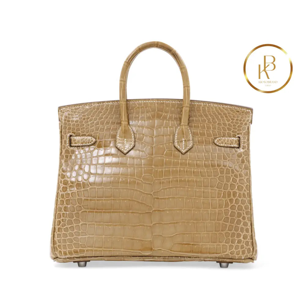 Birkin 25 Shiny Ficelle Porosus Croc 18K White Gold & Diamond Hardware Handbags