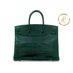 Birkin 35 Shiny Vert Foncè Porosus Croc 18K Yellow Gold & Diamond Hardware Handbags