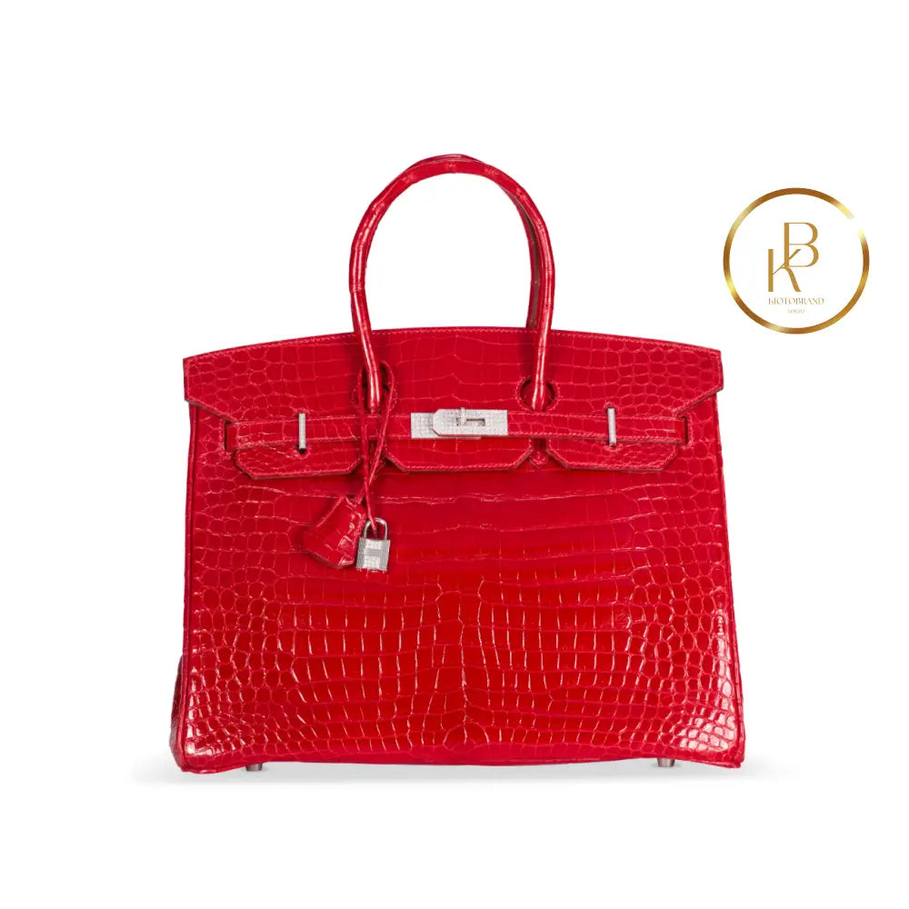 Birkin 35 Shiny Braise Porosus Crocodile 18K White Gold & Diamond Hardware Handbags