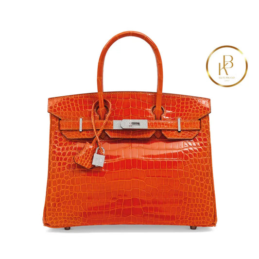 Birkin 30 Shiny Orange Porosus Croc 18K White Gold Diamond Hardware Handbags