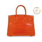 Birkin 30 Shiny Orange Porosus Croc 18K White Gold Diamond Hardware Handbags