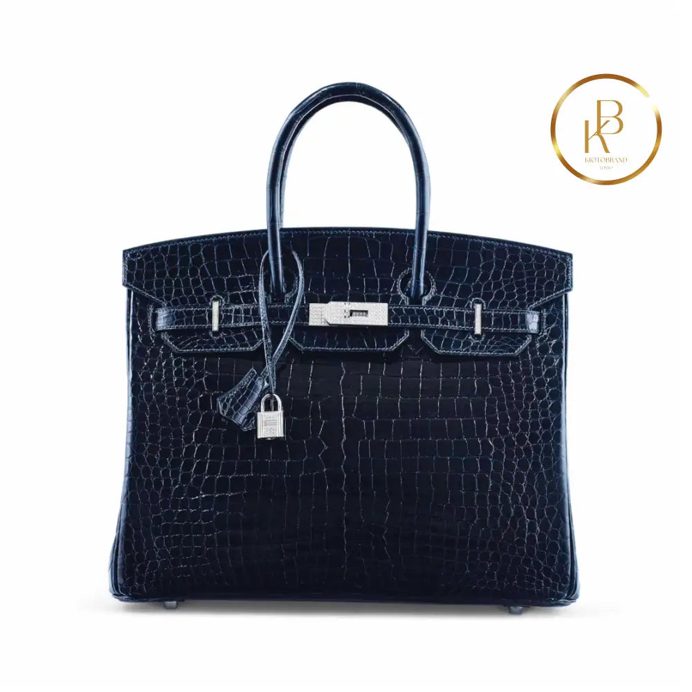 Birkin 35 Shiny Bleu Marine Croc 18K White Gold & Diamond Hardware Handbags