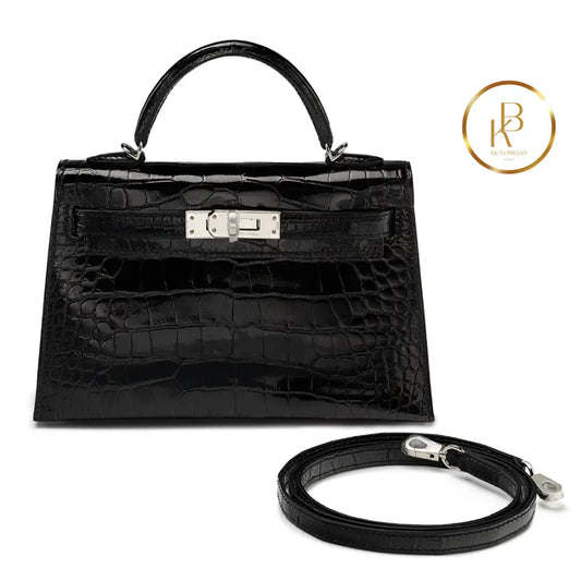 Kelly 20 Ii Mini Shiny Black Alligator Palladium Handbags