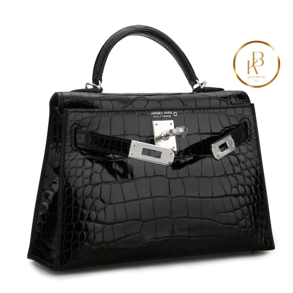 Kelly 20 Ii Mini Shiny Black Alligator Palladium Handbags