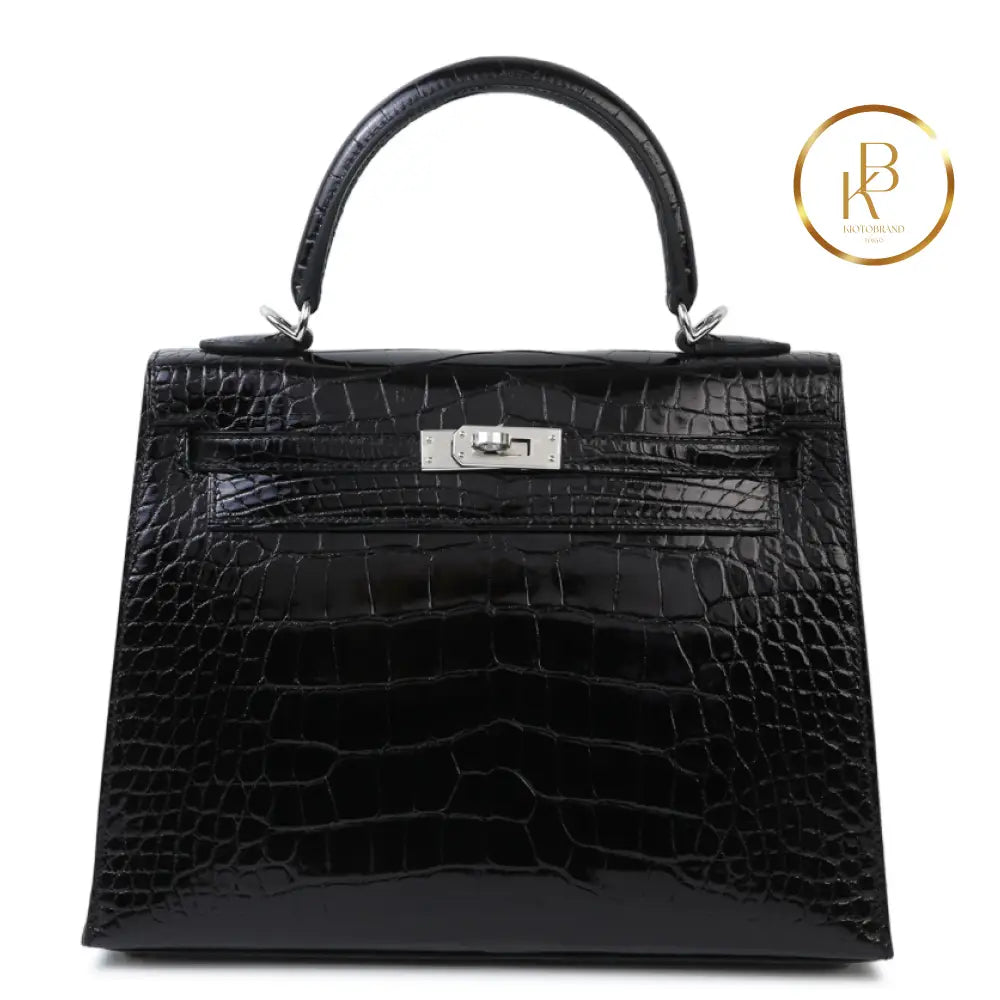 Kelly 25 Black Shiny Alligator Handbags