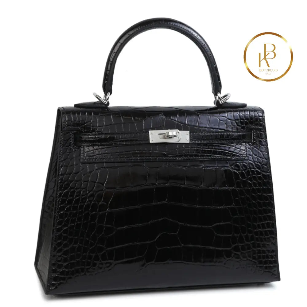 Kelly 25 Black Shiny Alligator Handbags