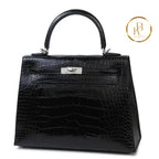 Kelly 25 Black Shiny Alligator Handbags