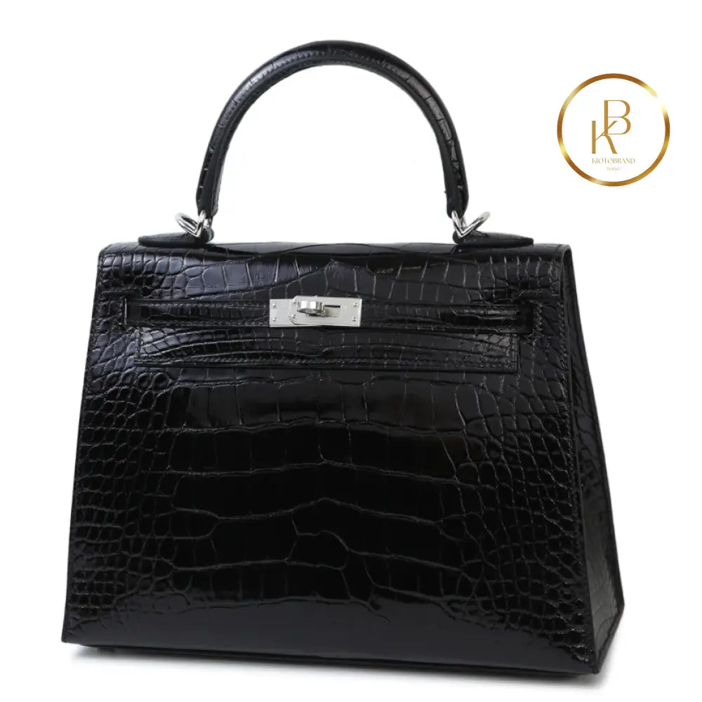 Kelly 25 Black Shiny Alligator Handbags