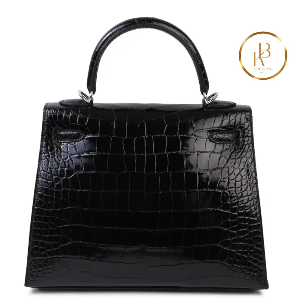 Kelly 25 Black Shiny Alligator Handbags