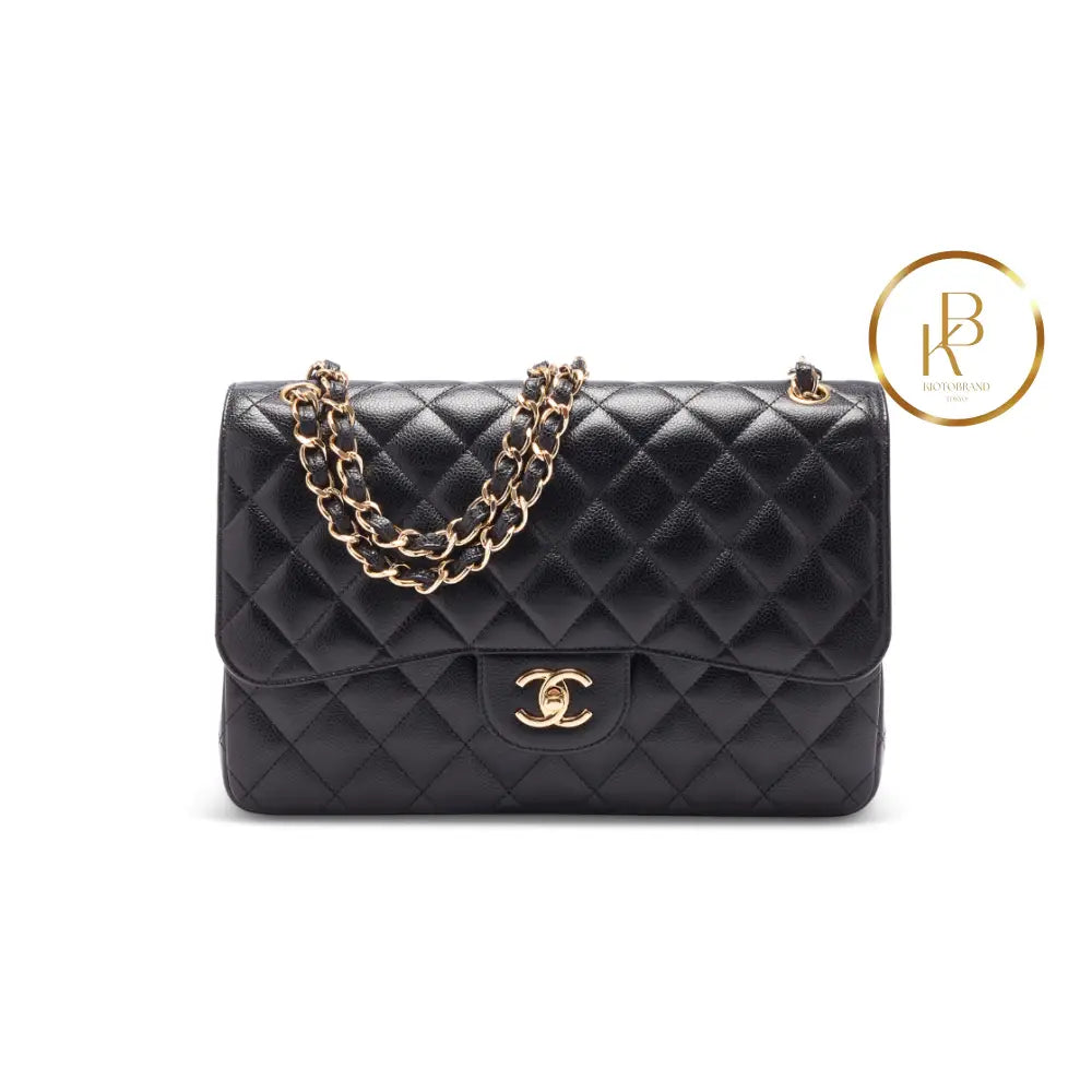 Black Caviar Jumbo Double Flap Gold Hardware Handbags