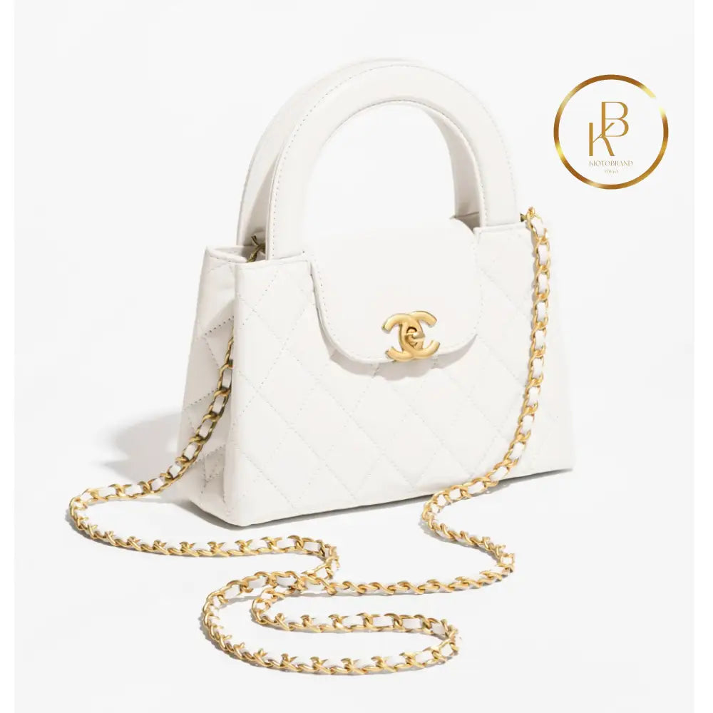 Cc Kelly Bag Shiny Aged Calfskin & Gold-Tone Metal White Handbags