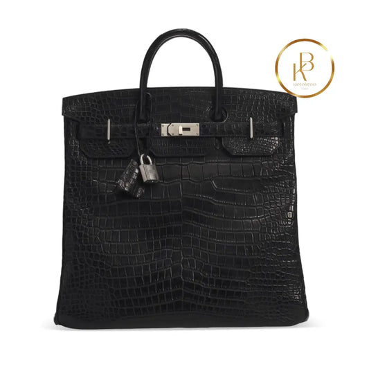 Birkin Hac 40 Matte Black Porosus Croc Palladium Hardware Handbags